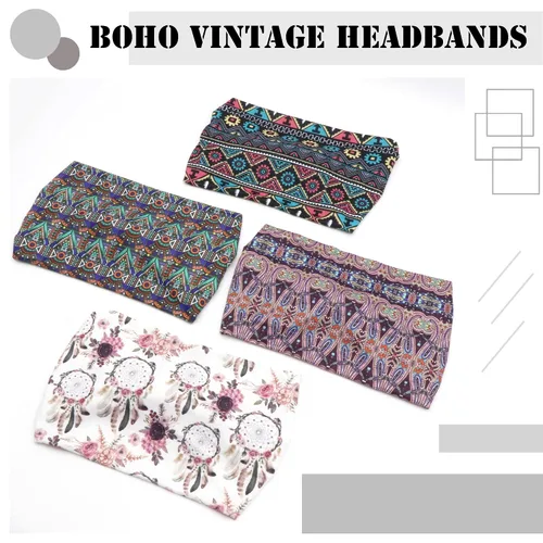 Miniatura 6 de FULZTEY Diademas bohemias para mujer, elegantes diademas con estampado floral, turbante de nudo ancho, elástico, para yoga, correr, entrenamiento