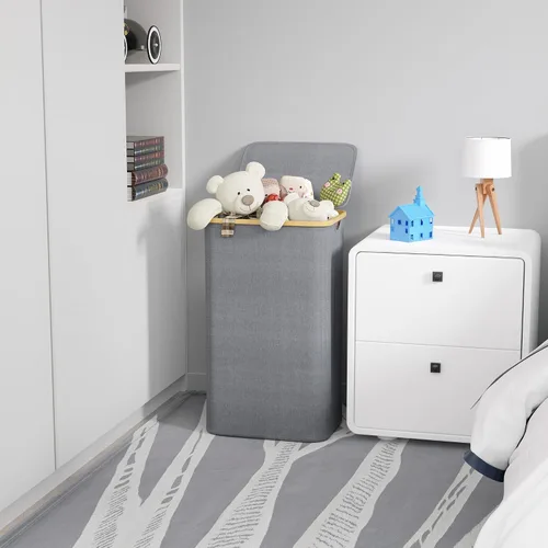 Miniatura 4 de SUOCO Cesta de lavandería con tapa, cesta de ropa de 29 galones (110 litros) con asas de bambú, cesta grande plegable para la ropa sucia para Gris