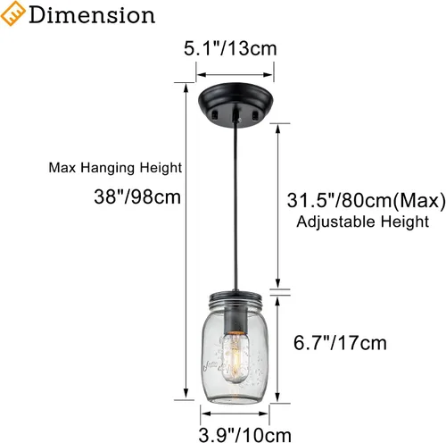 Miniatura 3 de Lámpara colgante ajustable para isla de cocina, 1 luz colgante de cristal Mason Jar (2 unidades)