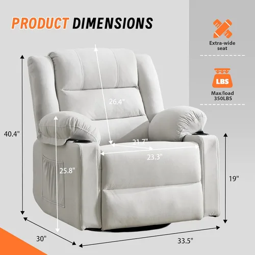 Miniatura 2 de Mecedora reclinable para adultos, silla reclinable giratoria de 360° con masaje y calefacción, mecedora manual con portavasos para sala de estar