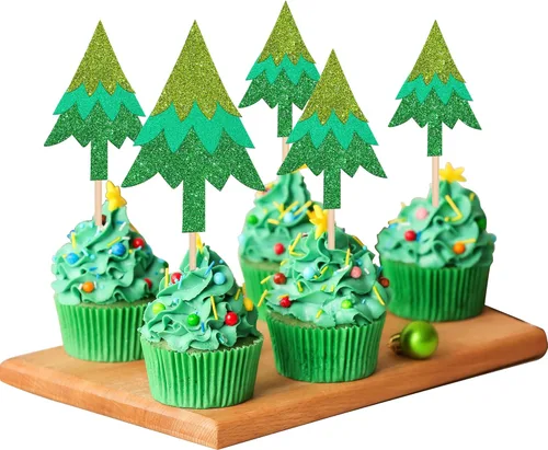 Miniatura 21 de 24 piezas de adornos para cupcakes de Navidad dorados verdes y rojos con purpurina, Papá Noel, árbol de Navidad, adornos para cupcakes para el tema