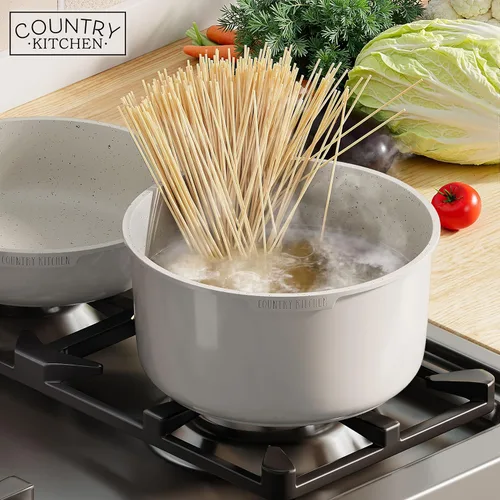 Miniatura 8 de Country Kitchen Juego de utensilios de cocina con mango extraíble, juego de ollas y sartenes aptas para horno y caravana, mango de madera moteada