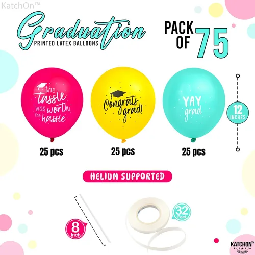 Miniatura 2 de KatchOn, Juego de globos de graduación azules, amarillos y rosados, 12 pulgadas, paquete de 75 Globos de graduación de felicitaciones, globo Yay