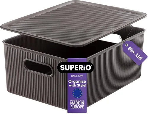 Miniatura 13 de Superio Ribbed Collection – Cesta decorativa de plástico con tapa para el hogar, tamaño XL, color marrón (paquete de 1 – 22 litros), caja apilable