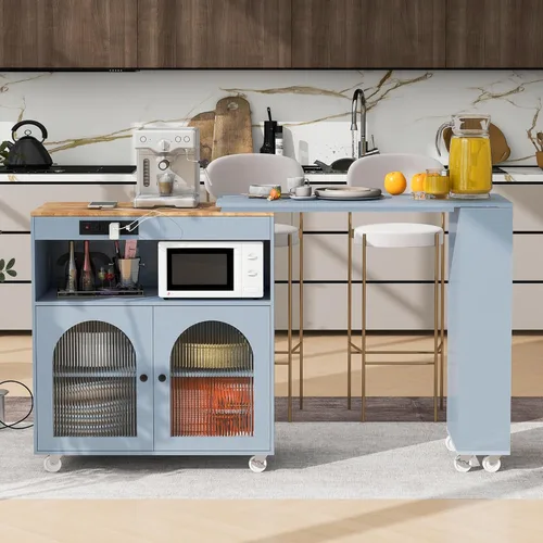 K&K - Isla de cocina rodante con mesa extendida, luces LED, tomas de corriente, 2 puertas de vidrio, compartimento de almacenamiento, 3 estantes