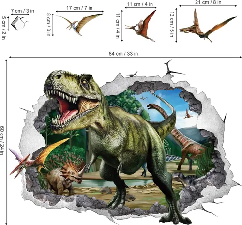 Miniatura 4 de Wondever Adhesivos de pared 3D grandes de dinosaurios, dino con grietas y agujeros, dinosaurio animal, pelar y pegar, calcomanías de pared de arte