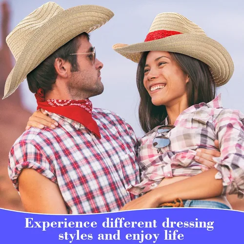Miniatura 5 de Leumoi 12 sombreros de vaquero occidental con bandana roja, sombrero clásico de paja de vaquero para vaquero, roeo, fiesta temática, cosplay