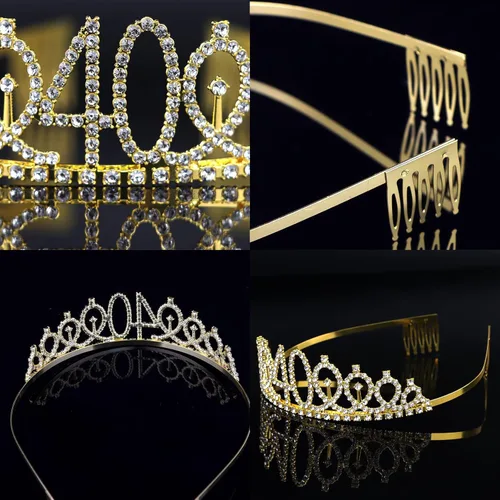 Miniatura 3 de CIEHER Juego de corona dorada para cumpleaños número 40 + banda de 40 y fabulosa + pin de perlas, tiara para decoraciones y regalos de cumpleaños