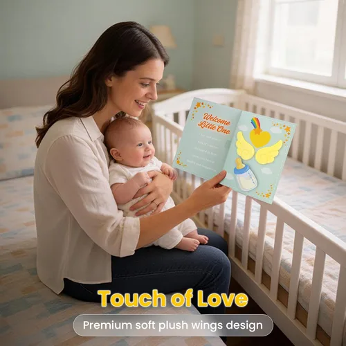 Miniatura 4 de Tarjeta musical de alta calidad para baby shower con luz LED cálida, alas de ángel de felpa 3D, recuerdo de canción de cuna para nuevos padres