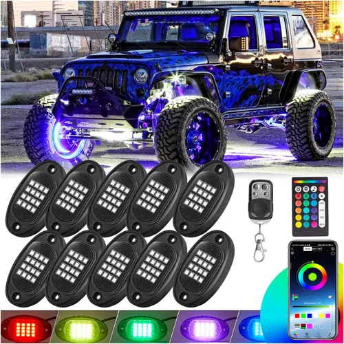 10 vainas RGB LED Rock Lights para camión, ATV, UTV, carrito de golf, todoterreno, RZR Pickup SUV, kit impermeable multicolor para autos con modo de