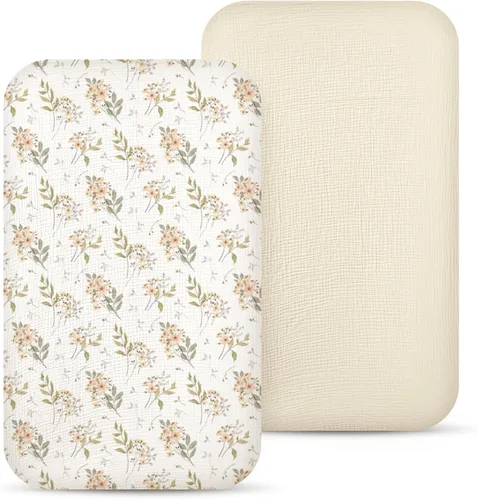 Miniatura 93 de lulumoon Sábanas de muselina para moisés para bebé: sábanas ajustables suaves para moisés de cabecera para niños y niñas Oliva y Crema