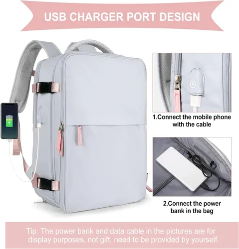 Miniatura 3 de coowoz Mochila de viaje para mujeres y hombres, aprobada por aerolíneas, mochila de mano grande, mochila de senderismo impermeable, mochila b-Gris