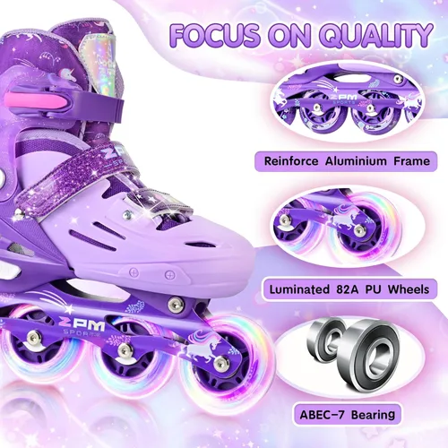 Miniatura 4 de 2PM SPORTS Patines en línea para niños y niñas de edades 5-8, 8-12, 3-5, 4-8, 6-12 con ruedas que se iluminan, patines de ruedas ajustables