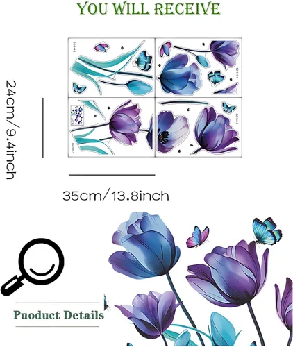 Miniatura 5 de Calcomanías de pared de mariposa con tinta azul y morado, diseño floral de sacinora para bricolaje, vinilo extraíble para despegar y pegar para sala