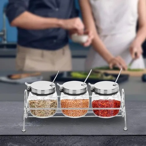 Miniatura 7 de only fire - Frasco para condimentos, recipiente para especias con tapas, cucharas de servir de acero inoxidable, estante base y etiquetas - botellas