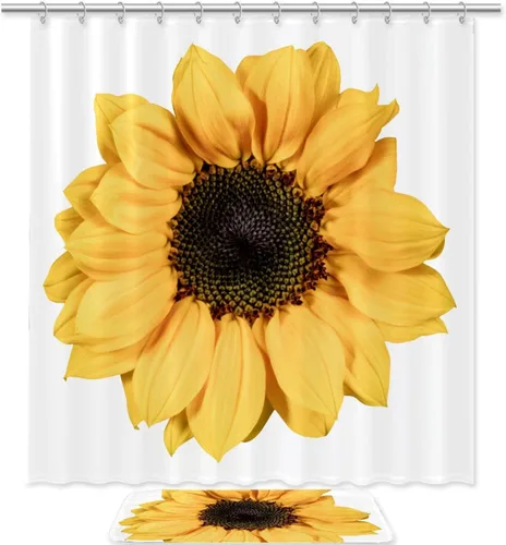 KXO Juego de cortina de ducha impermeable con diseño de girasol amarillo, juego de cortina y alfombra de baño de poliéster con ganchos, 70.8 x 70.8