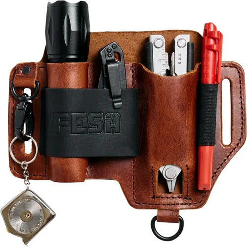 FESA Funda multiherramienta de cuero para cinturón, organizador de cuero EDC para cuchillo de bolsillo táctico, linterna y bolígrafo, con gancho