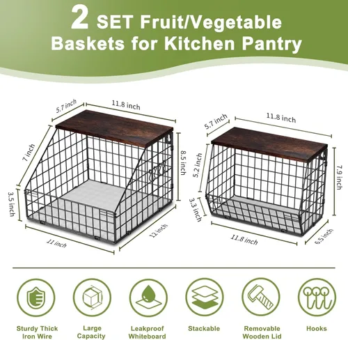 Miniatura 3 de Almacenamiento de frutas y verduras, 2 juegos de cestas de alambre montadas en la pared, cesta de frutas para encimera de cocina, cesta de frutas
