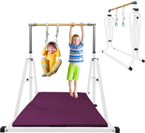 Miniatura 11 de GLANT Barra de gimnasia para niños con juego de anillos, 7 alturas ajustables, fácil de plegar, barra de entrenamiento de gimnasia para niños