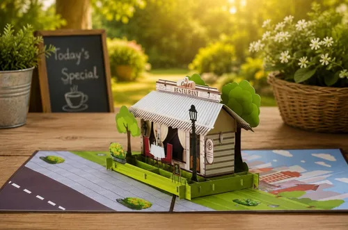 Miniatura 5 de ETA Tarjeta de felicitación desplegable 3D – escena de café y restaurante con comedor al aire libre, arte de papel hecho a mano, cumpleaños