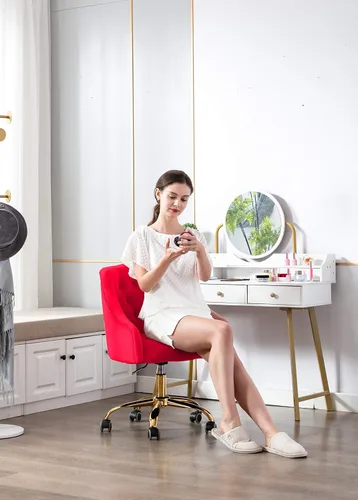 Miniatura 5 de Silla de trabajo cómoda para oficina en casa con ruedas, linda silla de escritorio giratoria ajustable de tocador moderna tapizada en terciopelo