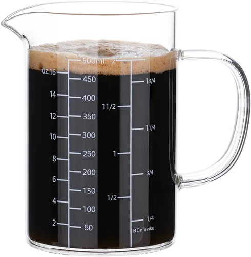 BCnmviku Taza medidora de vidrio de 500ML 2 tazas con asa, vidrio de borosilicato alto tres escalas (OZ, taza, ML/CC para cocina o restaurante fácil