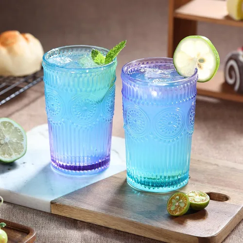 Miniatura 10 de Loivttvv Juego de 6 vasos de bebida vintage, vasos de Highball de 12 oz / 354.83 ml en ámbar, vasos de cristal acanalados con relieve para cóctel