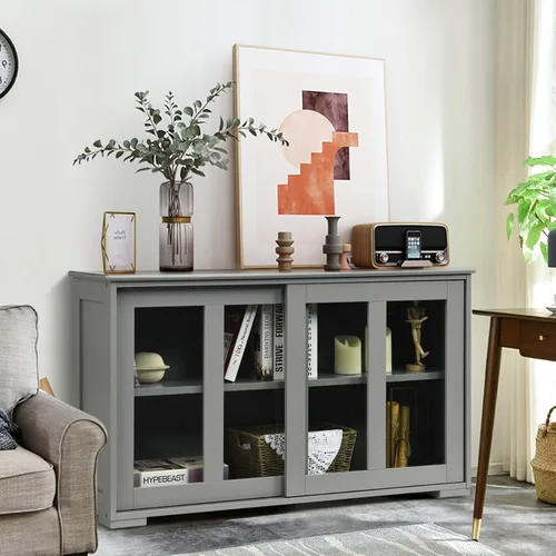 Miniatura 8 de Costzon Aparador Buffet Mueble, Gabinete de Almacenamiento de Cocina de Madera con Estante Ajustable, Puertas Corredizas de Vidrio, Mueble de Puerta
