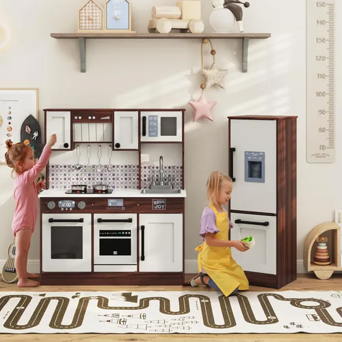 Miniatura 8 de BRINJOY Juego de cocina de madera para niños de 2 piezas, juego de cocina de madera para niños pequeños, cocina de simulación modular con estufa