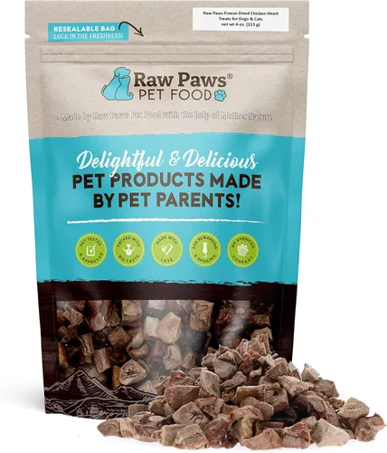 Raw Paws Golosinas de corazones de pollo, 4 onzas – Todos los alimentos naturales liofilizados para perros y gatos hurones – Golosinas altas en