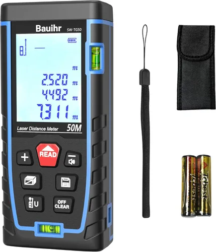 Bauihr - Medidor de distancia láser de 165 pies, herramienta de medición láser portátil con 2 niveles de burbuja, pantalla LCD retroiluminada