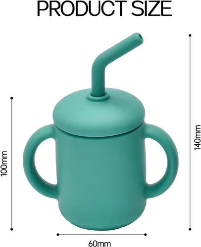 Miniatura 2 de Paquete de 2 tazas para beber 100% silicona para bebé, taza pequeña de entrenamiento de silicona con asas y popote para bebés y niños pequeños verde