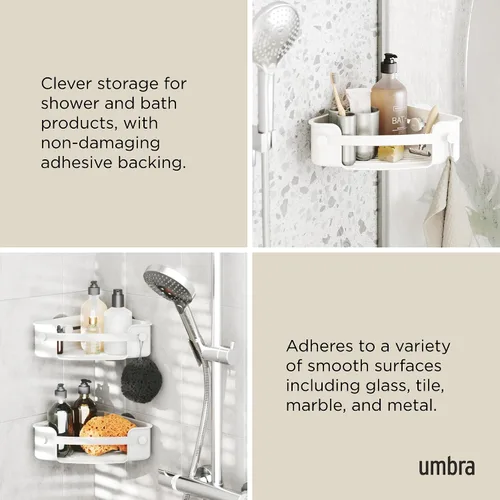Miniatura 4 de Umbra Estante de esquina de ducha adhesivo flexible para baño, color blanco