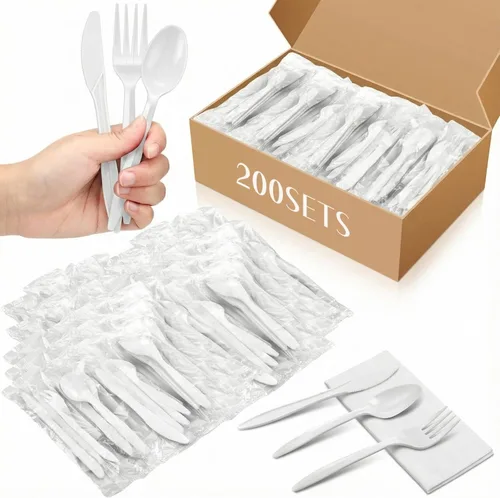 Miniatura 8 de Uiifan 1 Set Plastic Silverware Sets Individually Wrapped Plastic Utensils Cutlery Bulk Disposable Knife Fork Spoon Napkin Kit for Lounge Wedding