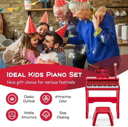 Miniatura 7 de HONEY JOY Piano para niños, piano de teclado rojo de 37 teclas para niños con soporte de música y banco, regalo para bebés con micrófono