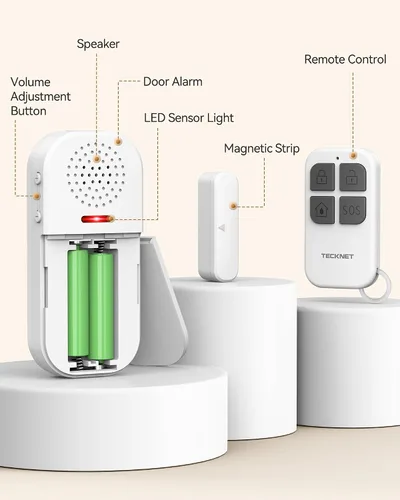 Miniatura 7 de TECKNET Alarma de puerta inalámbrica con control remoto, sensor de puerta de 130 dB con flash LED, 4 modos de alerta y 5 volúmenes ajustables