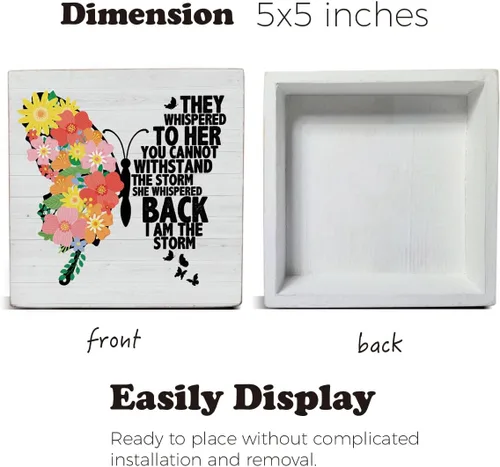 Miniatura 2 de Dumyum Cartel de madera con cita inspiradora para mujeres "Soy la tormenta" con mariposa floral, cartel decorativo para escritorio, estante de mesa