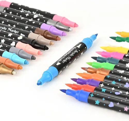 Miniatura 5 de Juego de rotuladores de pintura acrílica de doble punta de 24 colores, puntas acrílicas multifuncionales con cuerpo de bolígrafo láser, bolígrafos