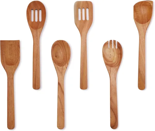 Miniatura 2 de Ajuny Juego de utensilios de cocina de madera, 6 cucharas y espátulas de madera, utensilios de cocina no tóxicos, seguros para sartén antiadherente