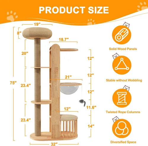 Miniatura 2 de Árbol de gato de 75 pulgadas para gatos de interior grandes y adultos, torre moderna de escalada para gatos grandes, poste alto para gatos, acogedor