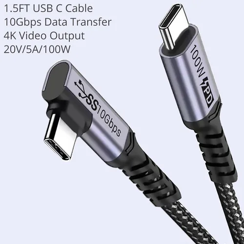 Miniatura 8 de Cable USB C corto de 100W 3.1 ángulo recto [1.5 pies, 2 paquetes], carga rápida de 5A, cables con chip E-Marker de datos de alta velocidad 10Gbps