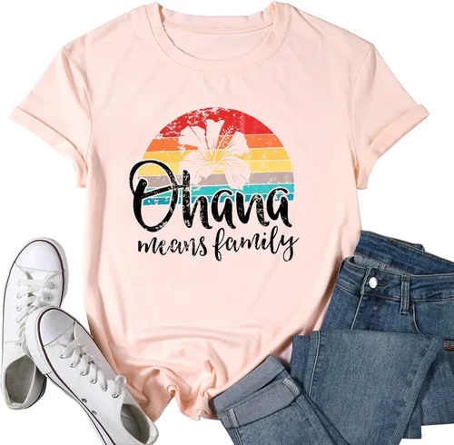 MYHALF Ohana Means Family - Camisa hawaiana para mujer, camisetas divertidas de playa, camisetas de manga corta para vacaciones de verano