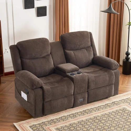 Miniatura 13 de Sofá biplaza reclinable manual con soporte ajustable de 360°, almacenamiento de consola central con carga tipo C y USB, reposacabezas ajustable