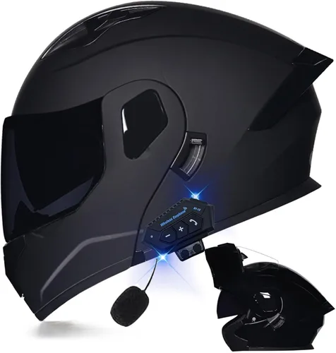 Miniatura 43 de Casco modular Bluetooth para motocicleta, aprobado por DOT, de cara completa, abatible, antivaho, doble visera, casco de motocicleta de calle, LENTE