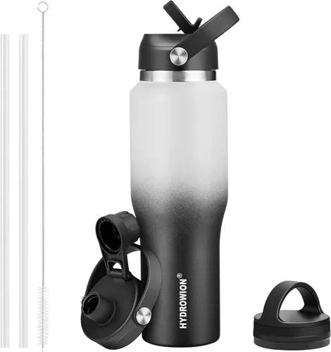 Miniatura 32 de HYDROWION Botella de agua de acero inoxidable, 32 onzas, boca ancha, doble pared, aislada al vacío, con tapa de pajilla, tapa de boquilla y tapa
