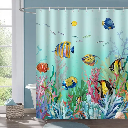 Bonhause Cortina de ducha de peces coloridos, diseño de peces tropicales con temática oceánica, decoración de baño coral, 72 x 72 pulgadas, tela de