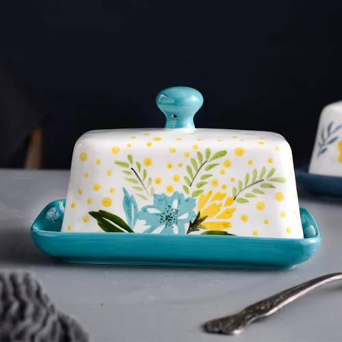 Miniatura 3 de Mantequillera de cerámica con tapa con tapa para mantequilla con tapa para encimera de mantequilla de flores