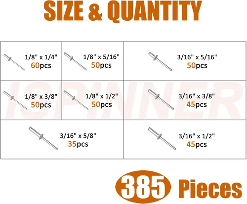 Miniatura 2 de ISPINNER 385pcs 8 tamaños de remaches ciegos de aluminio, kit surtido de remaches pop (plata)