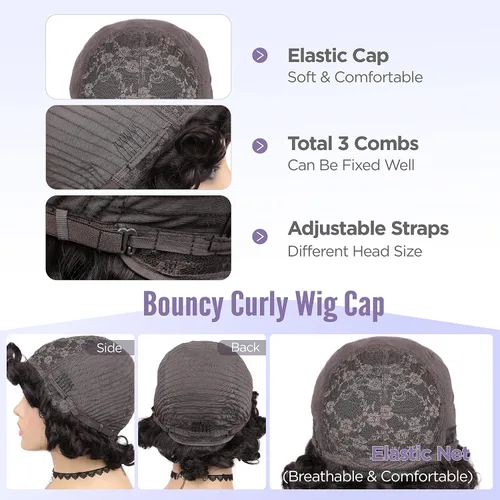 Miniatura 7 de Pelucas de cabello humano corto rizado Bob peluca para mujeres negras, sin encaje, peluca rizada grande con flequillo, corte pixie, pelucas Negro