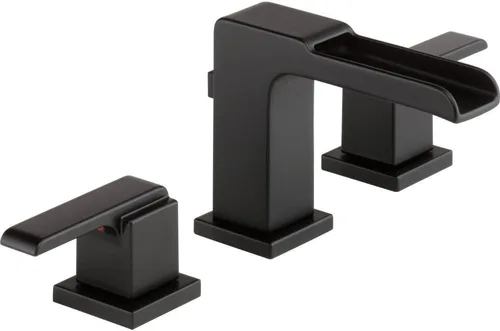 Delta Faucet Ara - Grifo de baño de 3 agujeros, grifo de baño negro mate, grifo de cascada, montaje de drenaje de metal, negro mate 3568LF-BLMPU